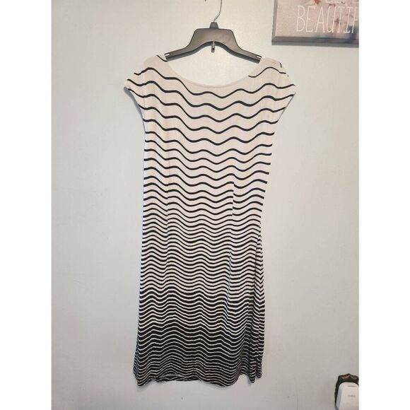 Ann Tyor Loft Ivory Blck Wave Striped Side Rushed Sleeveless Sheath Knit Dress - Picture 4 of 4